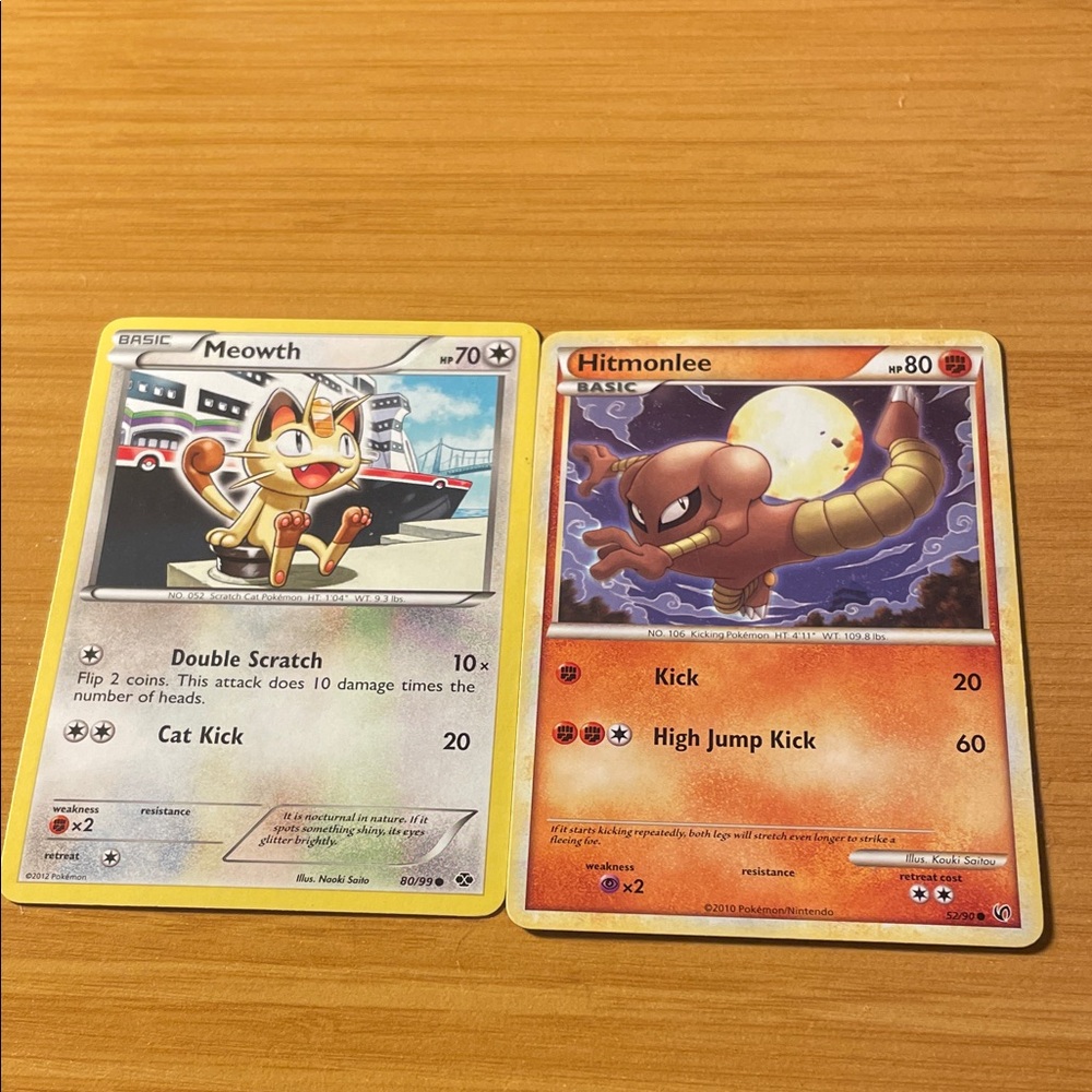 Pokemon Card Duo - Meowth and Hitmonlee in Yellow and Orange